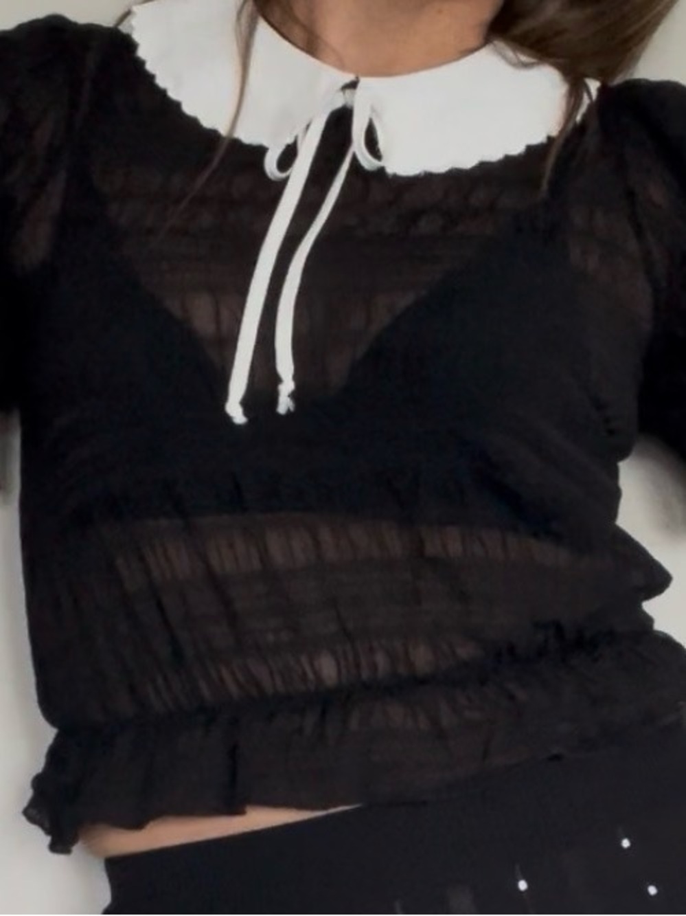 Black Sheer Crop Top with White Peter Pan Collar and Tie